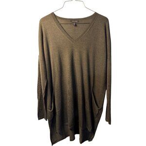Eileen Fisher Womens S/P V-Neck Wool Sweater Comfort Knit Top Olive Green Luxury